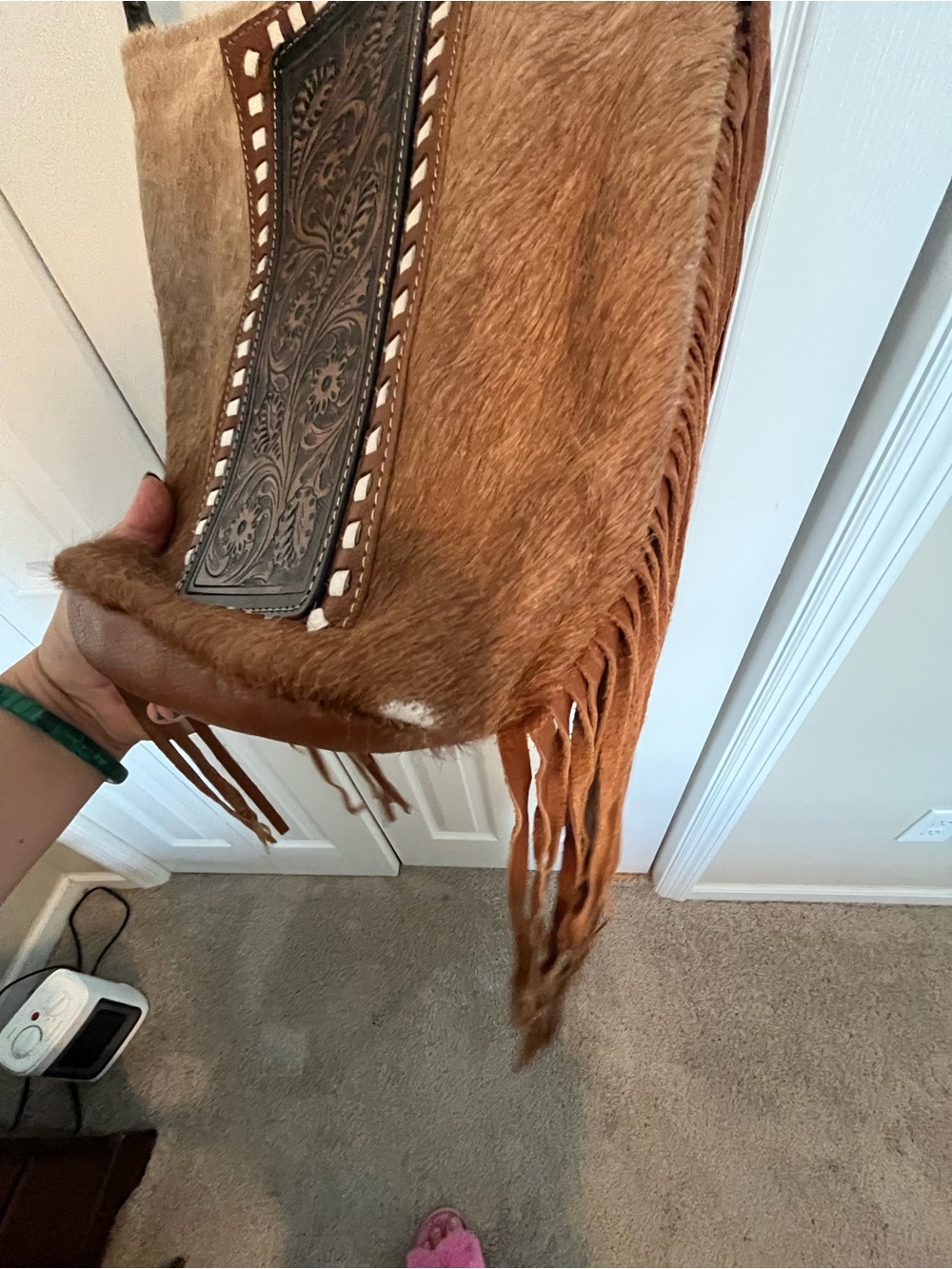 Myra Bag Brown Hair-on-Hide Crossbody with Tooled Leather Panel and Fringe - Picture 6 of 12